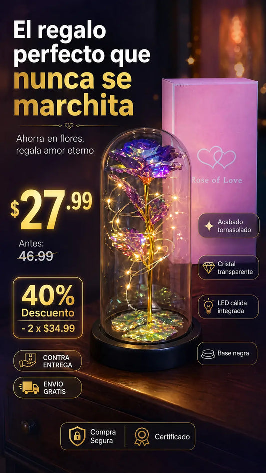 Rosa Eterna Con Luz En Cupula De Cristal